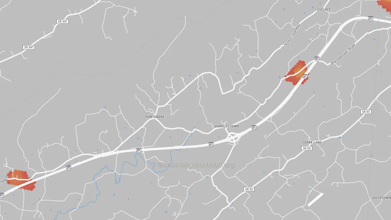 Walk Grade map of Jearoldstown, TN, walkable areas in green and car-dependent areas in red