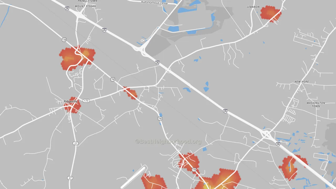 Walk Grade map of Jedburg, SC, walkable areas in green and car-dependent areas in red