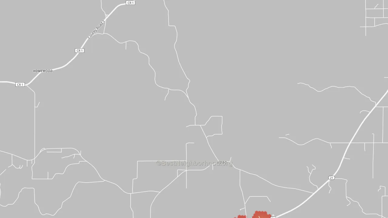 Walk Grade map of Jeddo, AL, walkable areas in green and car-dependent areas in red
