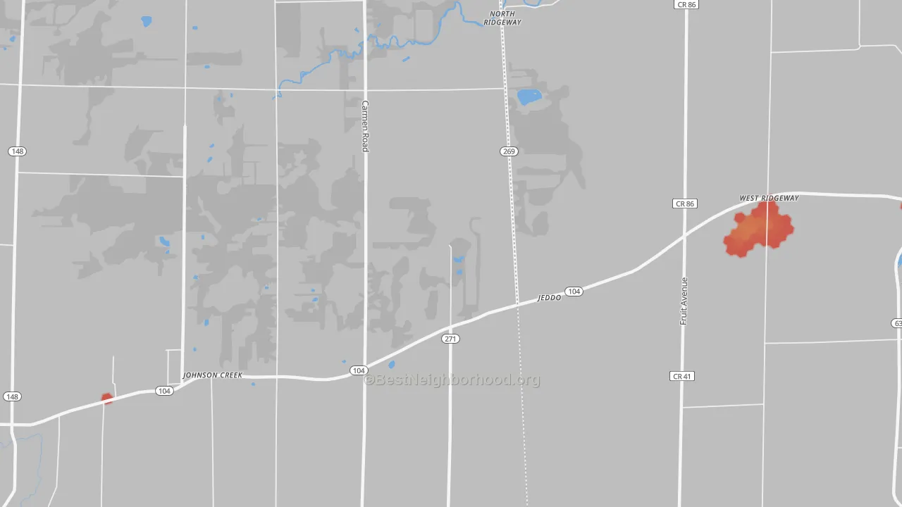 Walk Grade map of Jeddo, NY, walkable areas in green and car-dependent areas in red