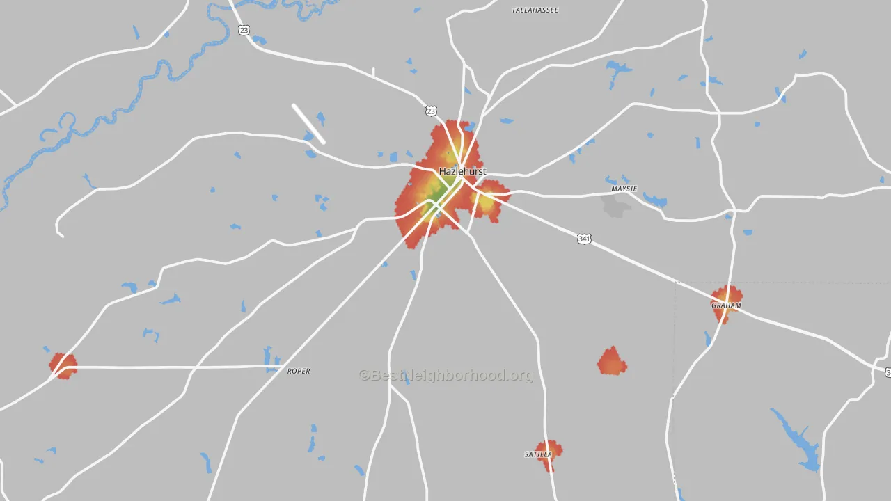 Walk Grade map of Jeff Davis County, GA, walkable areas in green and car-dependent areas in red