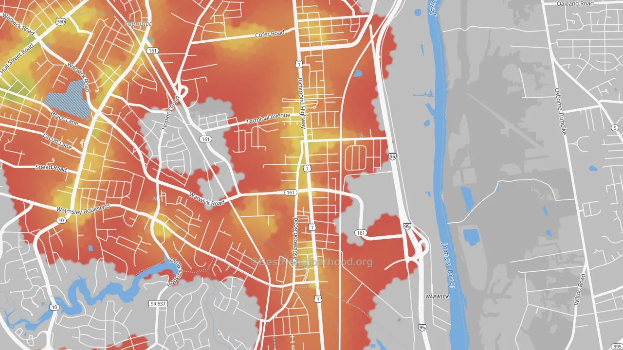 Walk Grade map of Jeff Davis, Richmond, VA, walkable areas in green and car-dependent areas in red