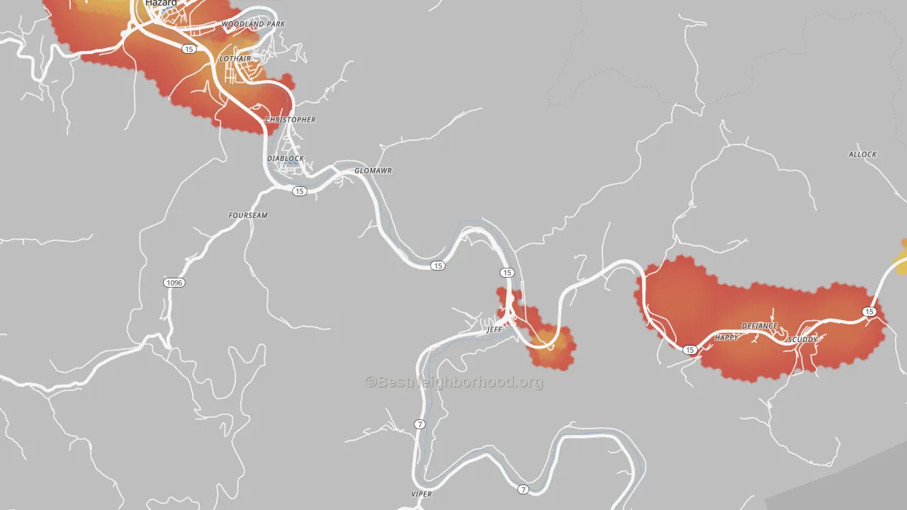 Walk Grade map of Jeff, KY, walkable areas in green and car-dependent areas in red