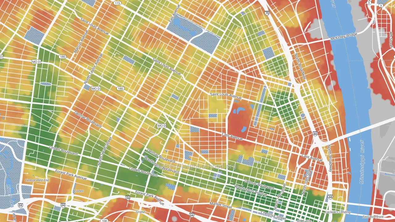 Walk Grade map of Jeff-Vander-Lou, St. Louis, MO, walkable areas in green and car-dependent areas in red