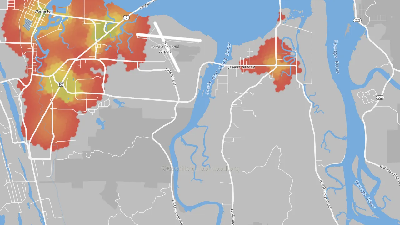 Walk Grade map of Jeffers Garden, OR, walkable areas in green and car-dependent areas in red