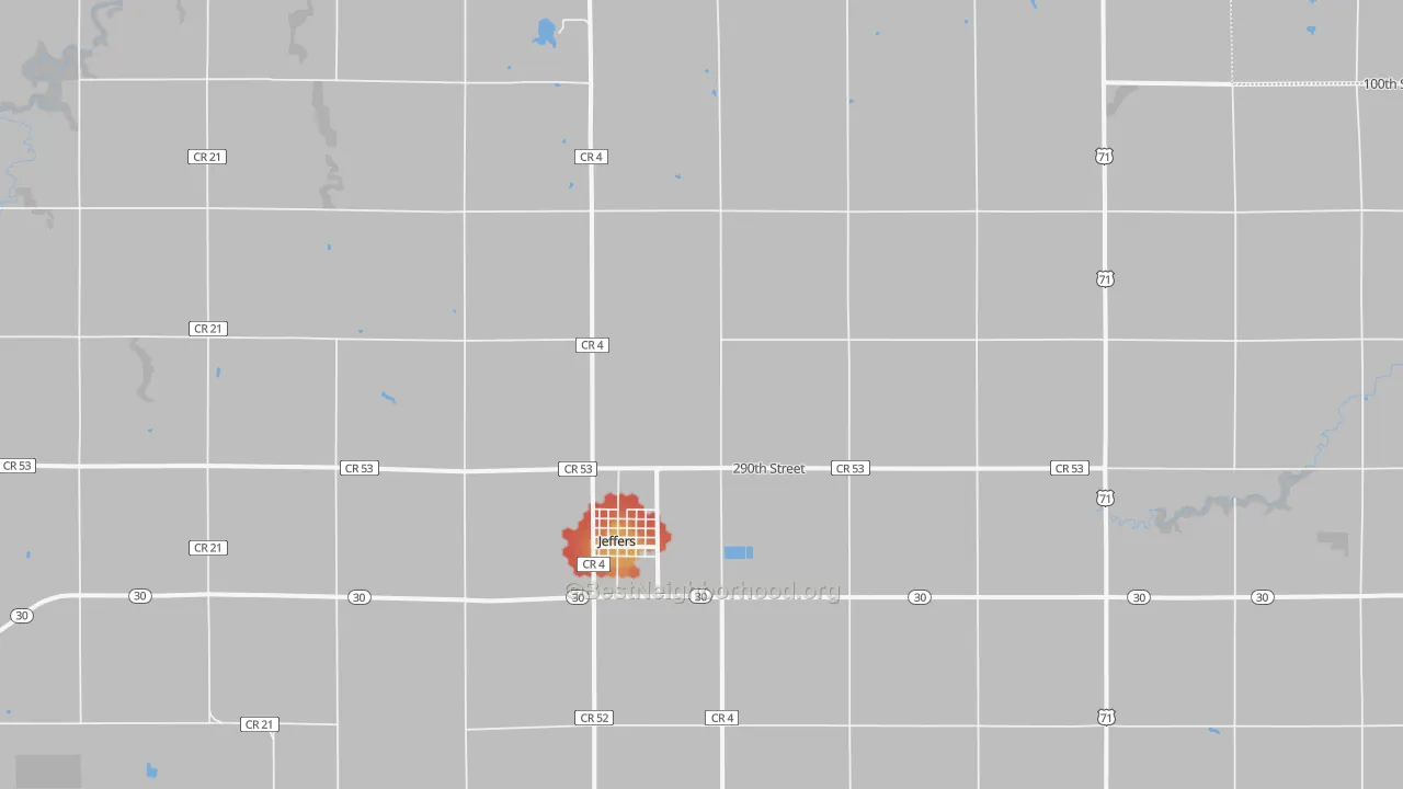Walk Grade map of Jeffers, MN, walkable areas in green and car-dependent areas in red