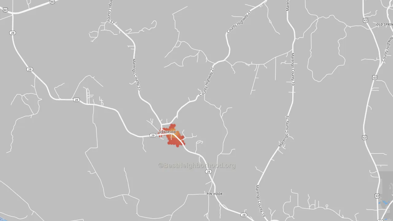 Walk Grade map of Jefferson, AL, walkable areas in green and car-dependent areas in red