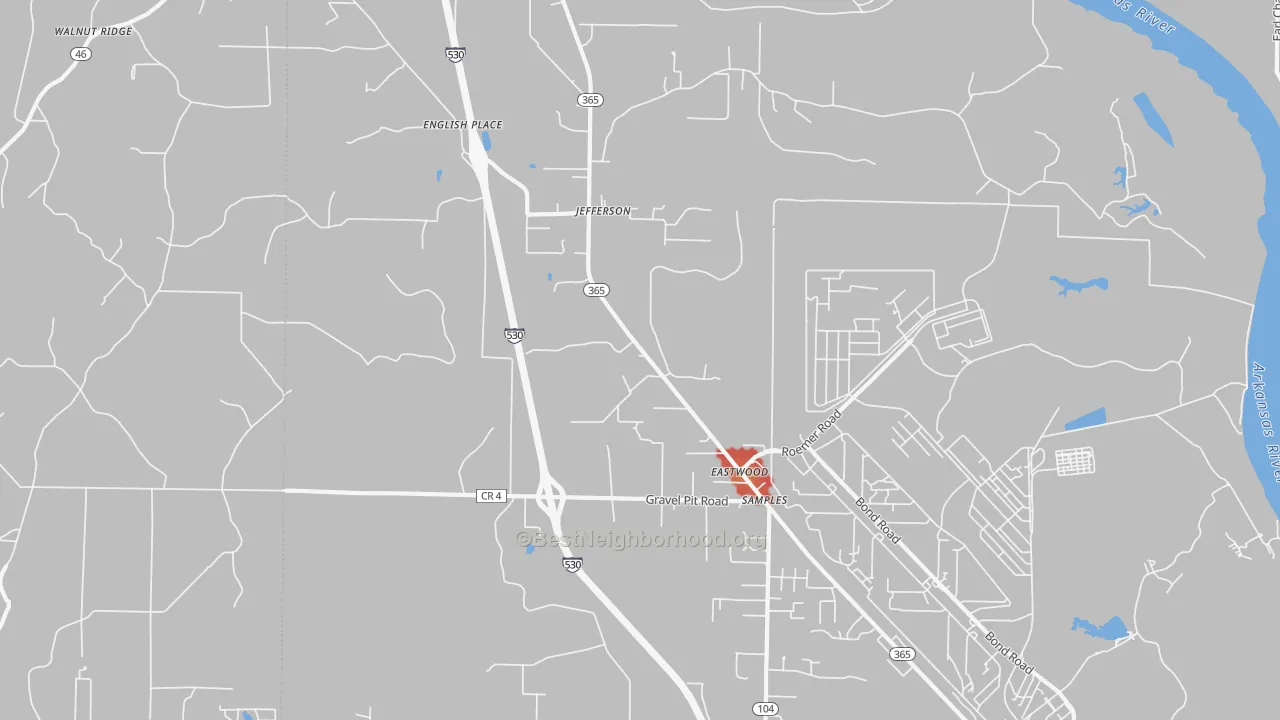 Walk Grade map of Jefferson, AR, walkable areas in green and car-dependent areas in red