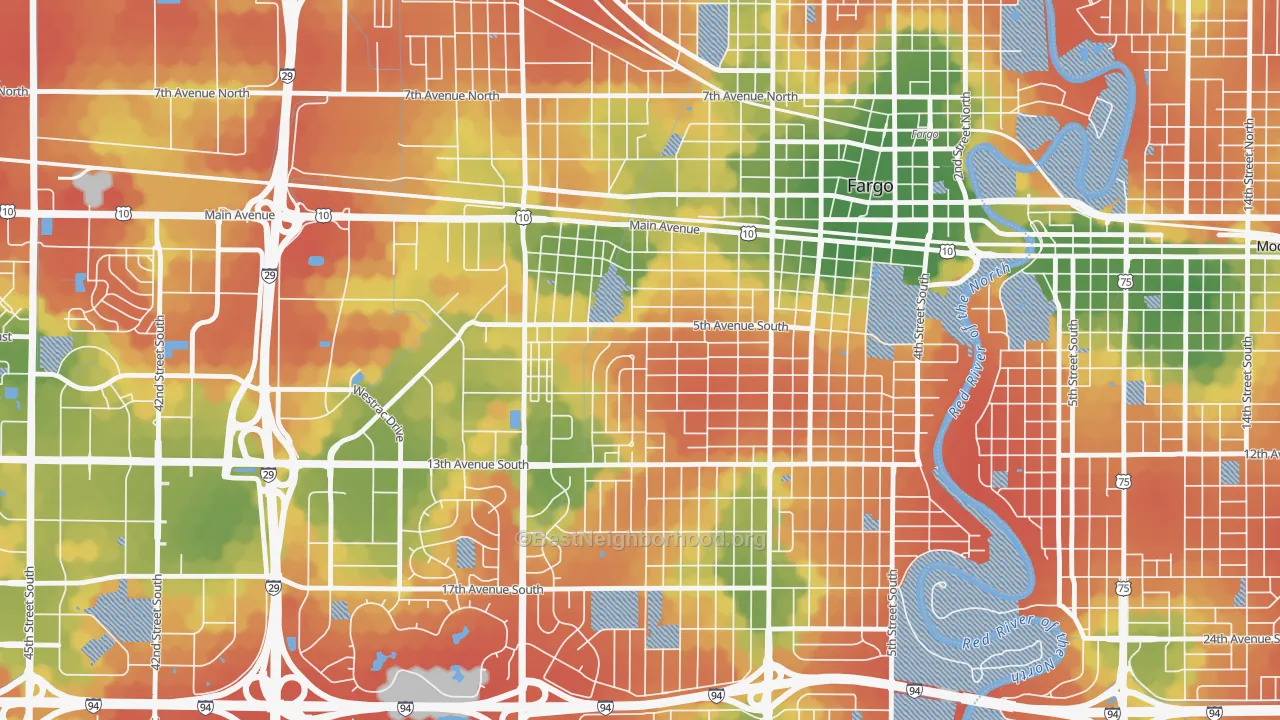 Walk Grade map of Jefferson-Carl Ben, Fargo, ND, walkable areas in green and car-dependent areas in red
