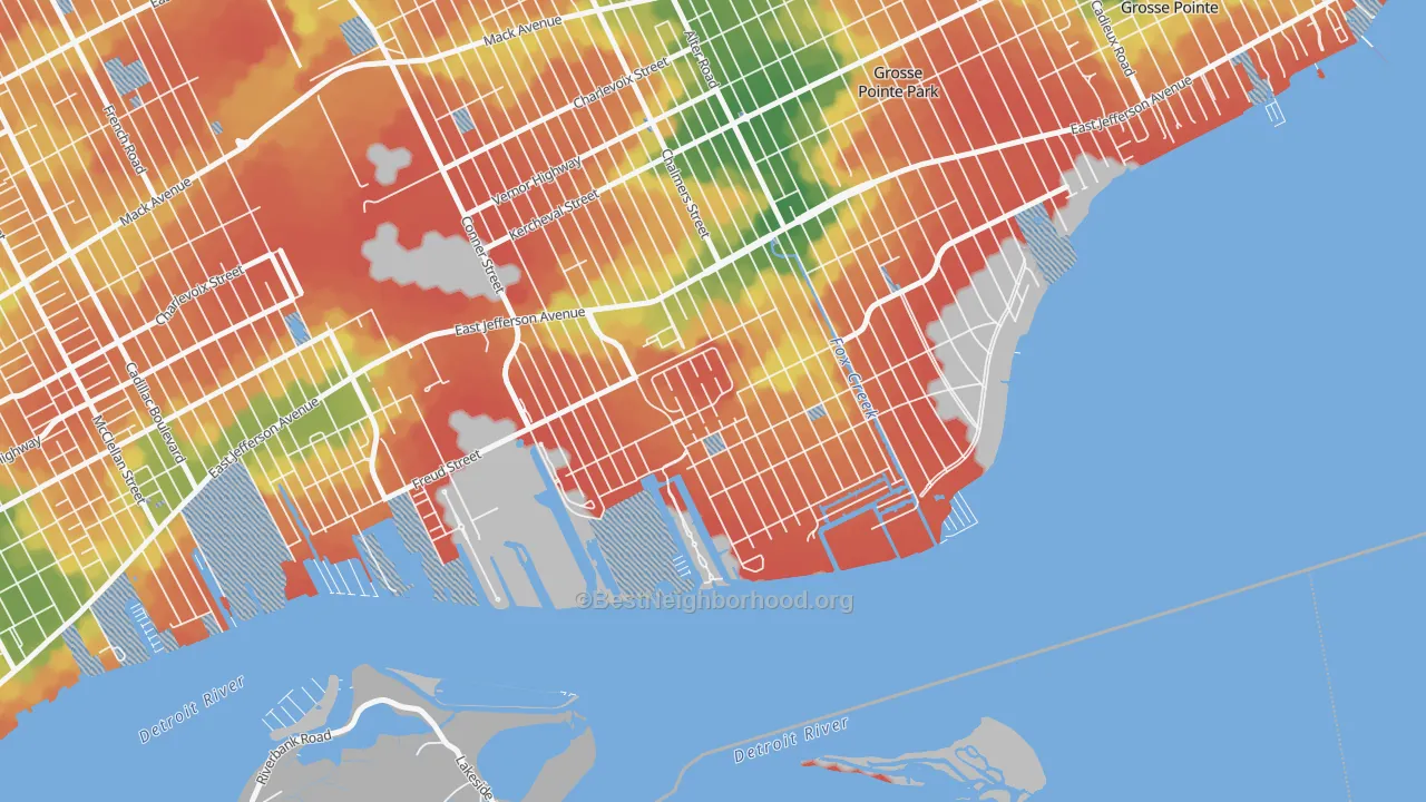 Walk Grade map of Jefferson Chalmers, Detroit, MI, walkable areas in green and car-dependent areas in red