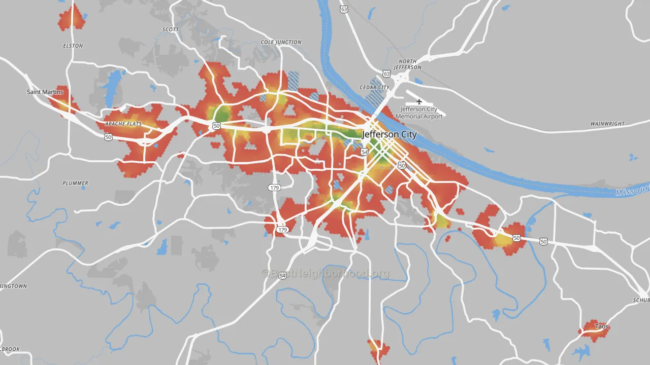Walk Grade map of Jefferson City, MO, walkable areas in green and car-dependent areas in red