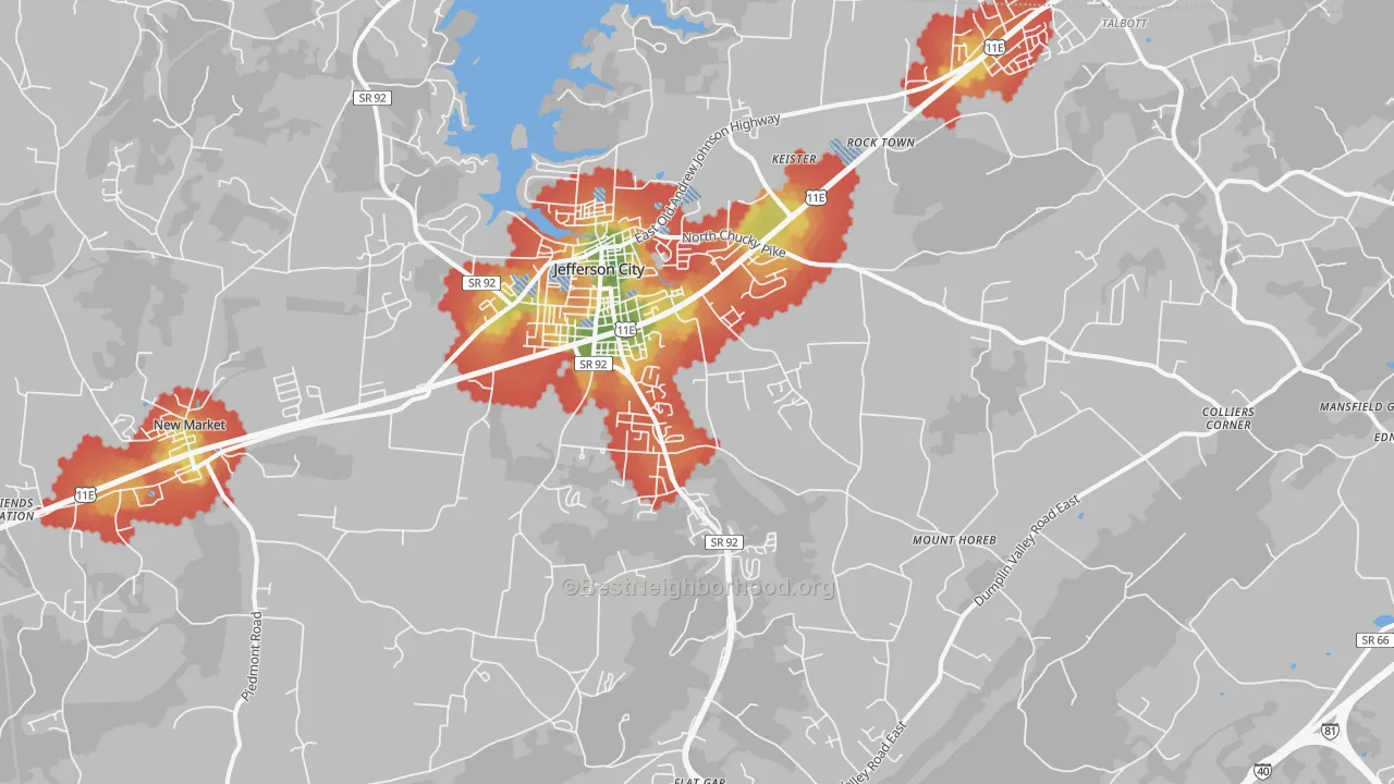 Walk Grade map of Jefferson City, TN, walkable areas in green and car-dependent areas in red