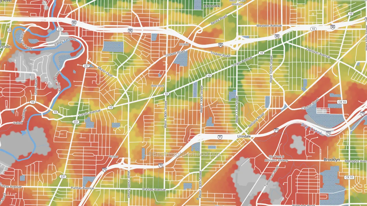 Walk Grade map of Jefferson, Cleveland, OH, walkable areas in green and car-dependent areas in red