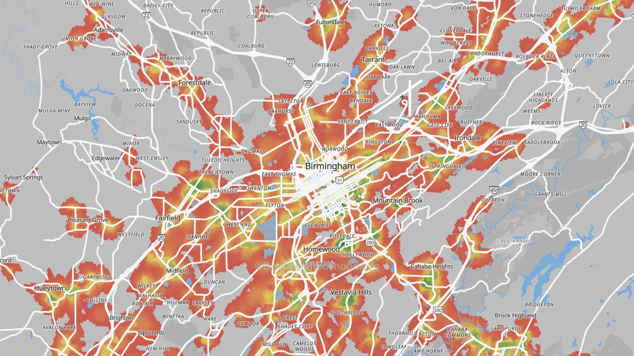 Walk Grade map of Jefferson County, AL, walkable areas in green and car-dependent areas in red