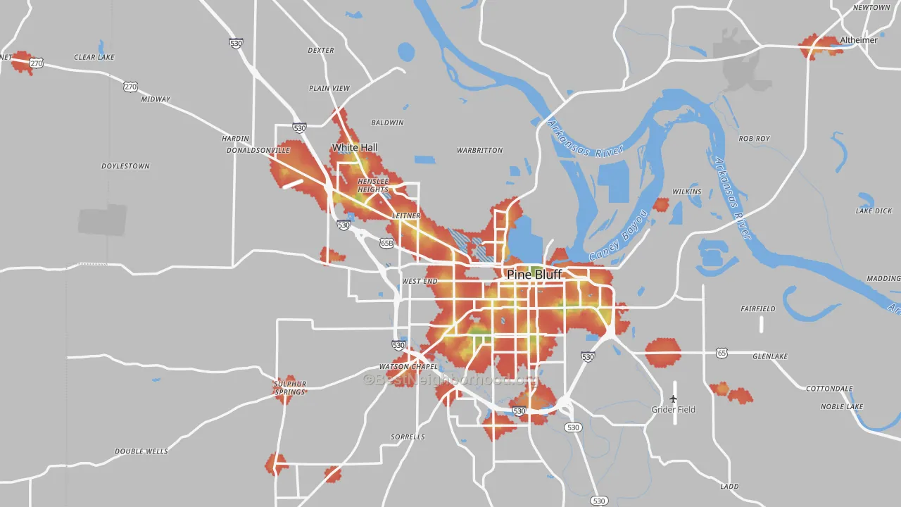 Walk Grade map of Jefferson County, AR, walkable areas in green and car-dependent areas in red