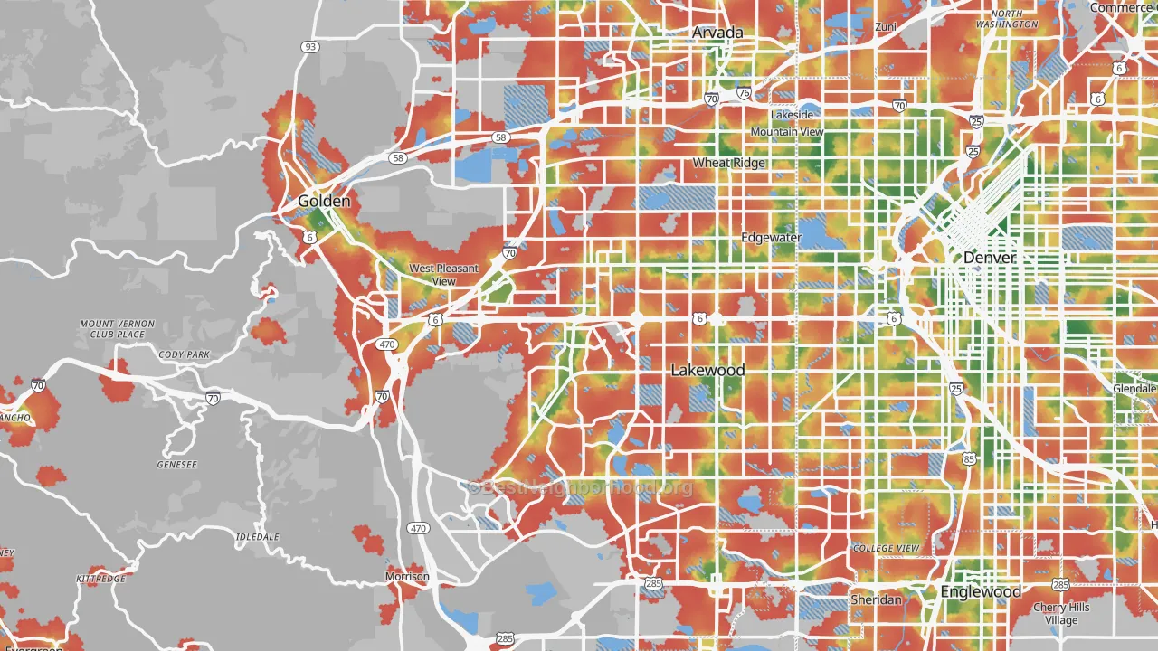 Walk Grade map of Jefferson County, CO, walkable areas in green and car-dependent areas in red