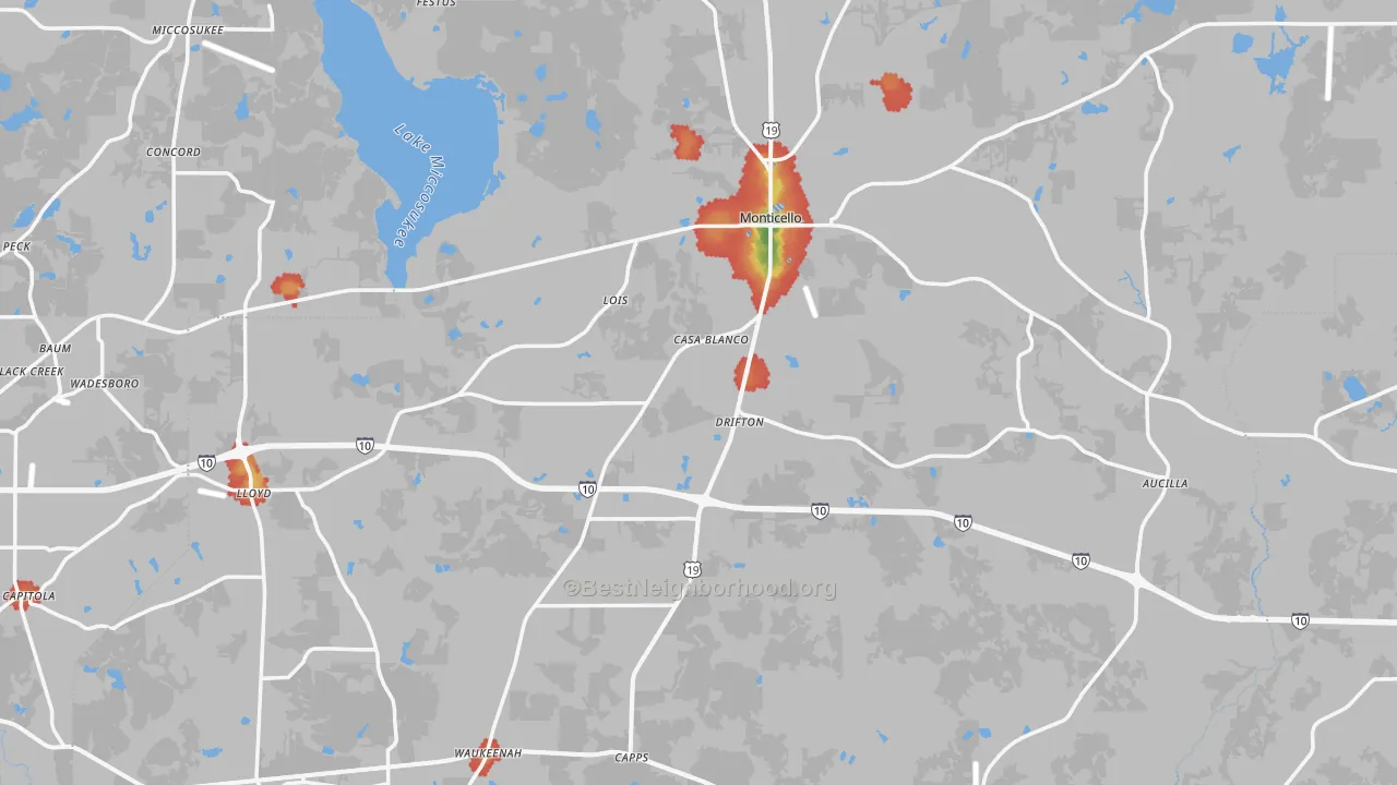 Walk Grade map of Jefferson County, FL, walkable areas in green and car-dependent areas in red