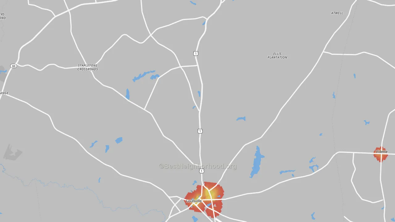 Walk Grade map of Jefferson County, GA, walkable areas in green and car-dependent areas in red