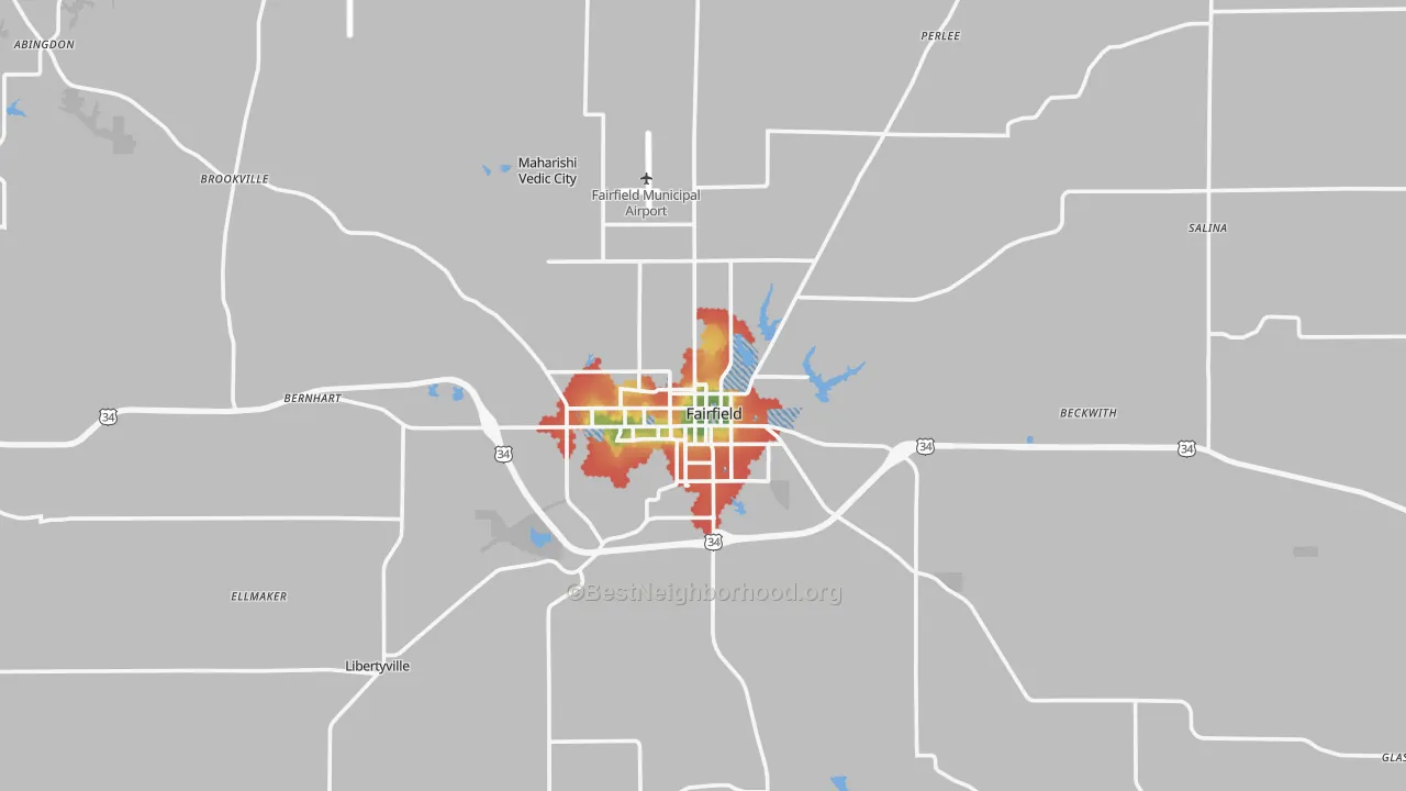 Walk Grade map of Jefferson County, IA, walkable areas in green and car-dependent areas in red