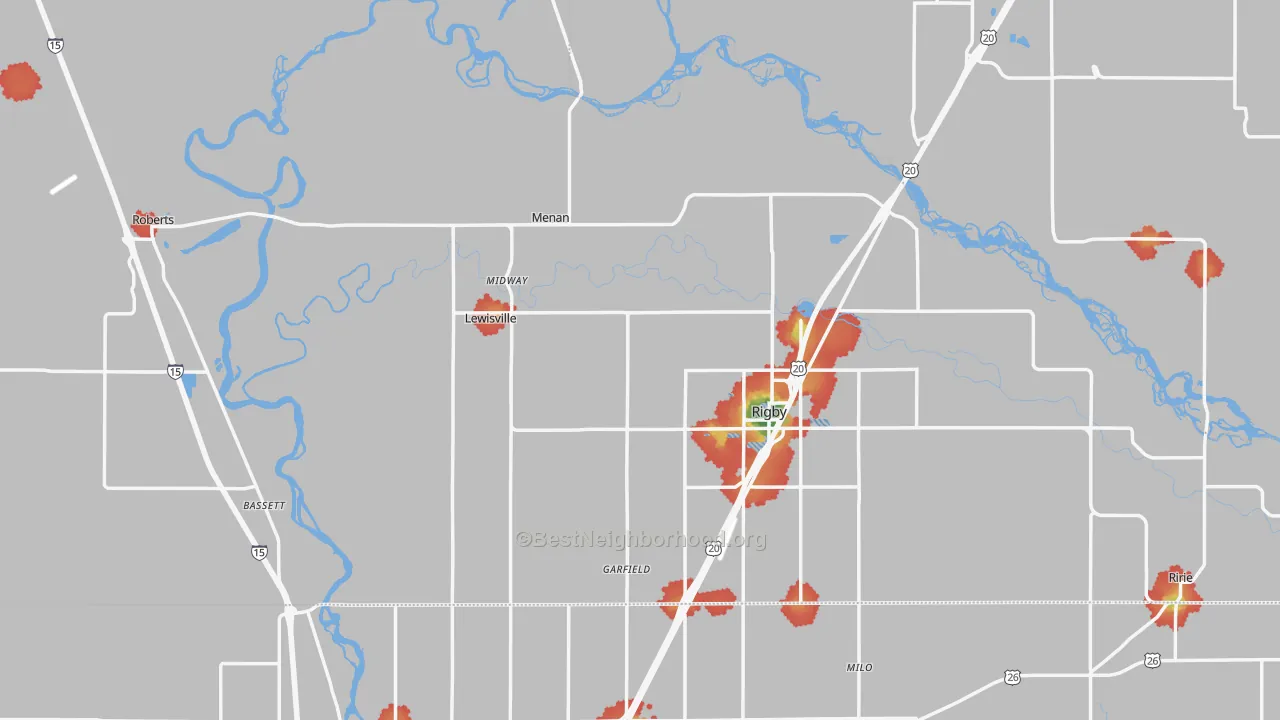Walk Grade map of Jefferson County, ID, walkable areas in green and car-dependent areas in red