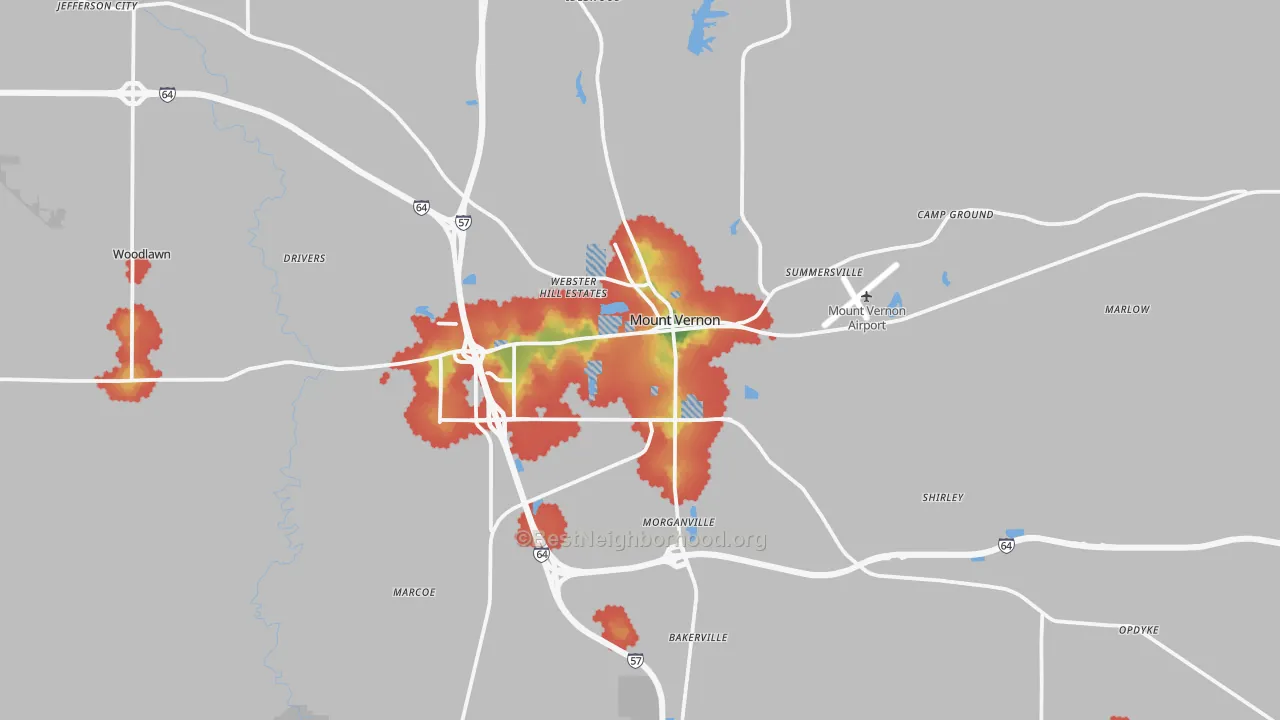 Walk Grade map of Jefferson County, IL, walkable areas in green and car-dependent areas in red
