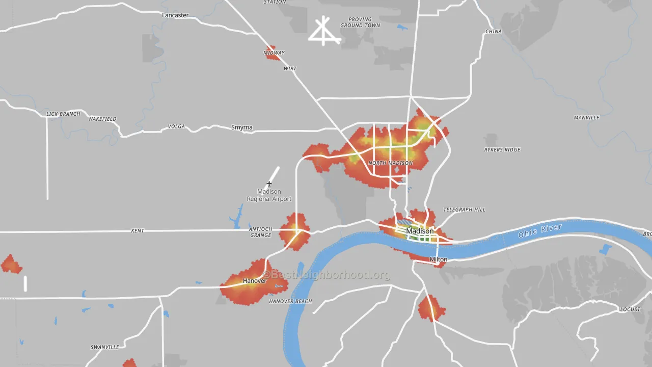 Walk Grade map of Jefferson County, IN, walkable areas in green and car-dependent areas in red