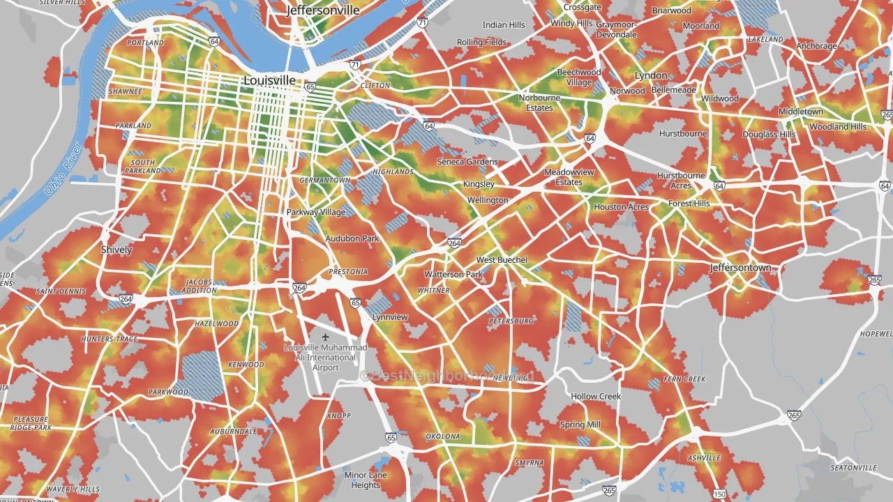 Walk Grade map of Jefferson County, KY, walkable areas in green and car-dependent areas in red