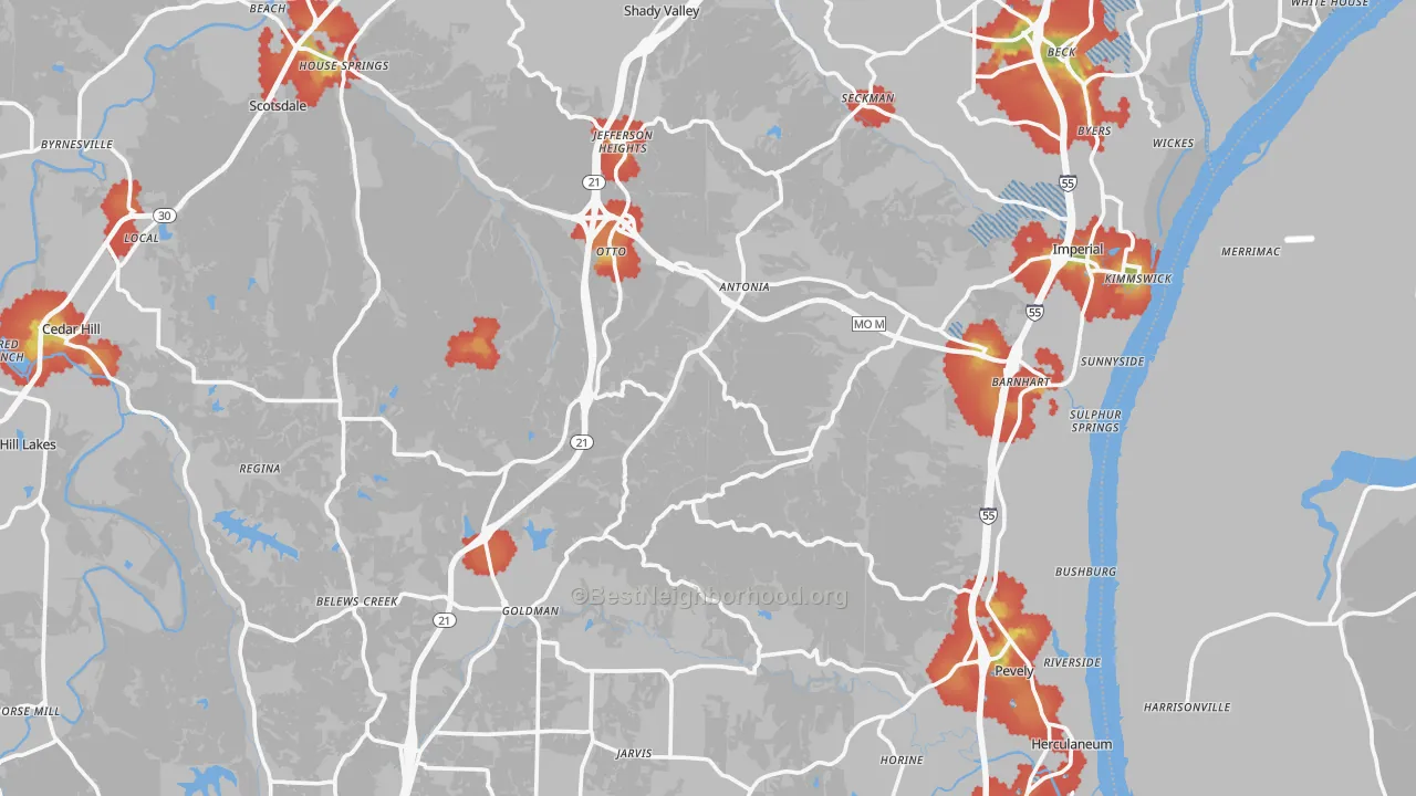 Walk Grade map of Jefferson County, MO, walkable areas in green and car-dependent areas in red
