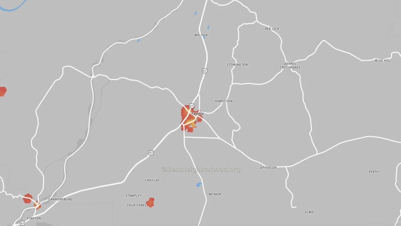 Walk Grade map of Jefferson County, MS, walkable areas in green and car-dependent areas in red