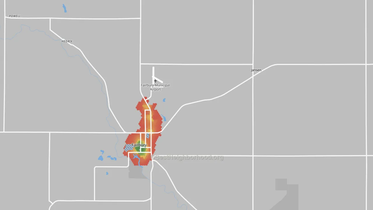 Walk Grade map of Jefferson County, NE, walkable areas in green and car-dependent areas in red