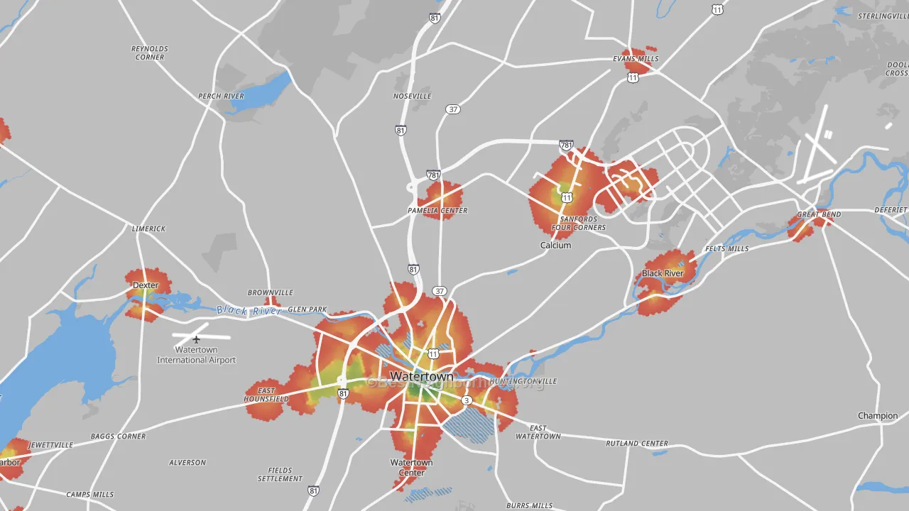 Walk Grade map of Jefferson County, NY, walkable areas in green and car-dependent areas in red