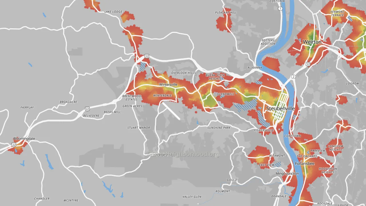 Walk Grade map of Jefferson County, OH, walkable areas in green and car-dependent areas in red
