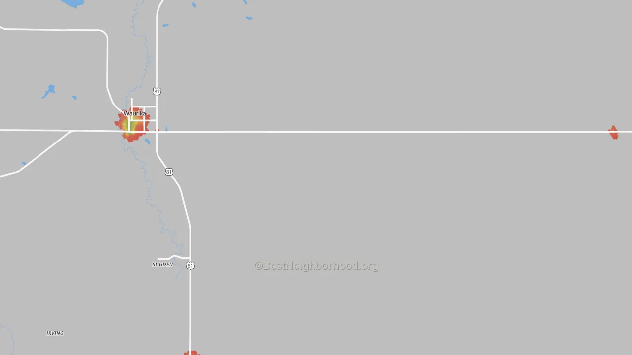 Walk Grade map of Jefferson County, OK, walkable areas in green and car-dependent areas in red