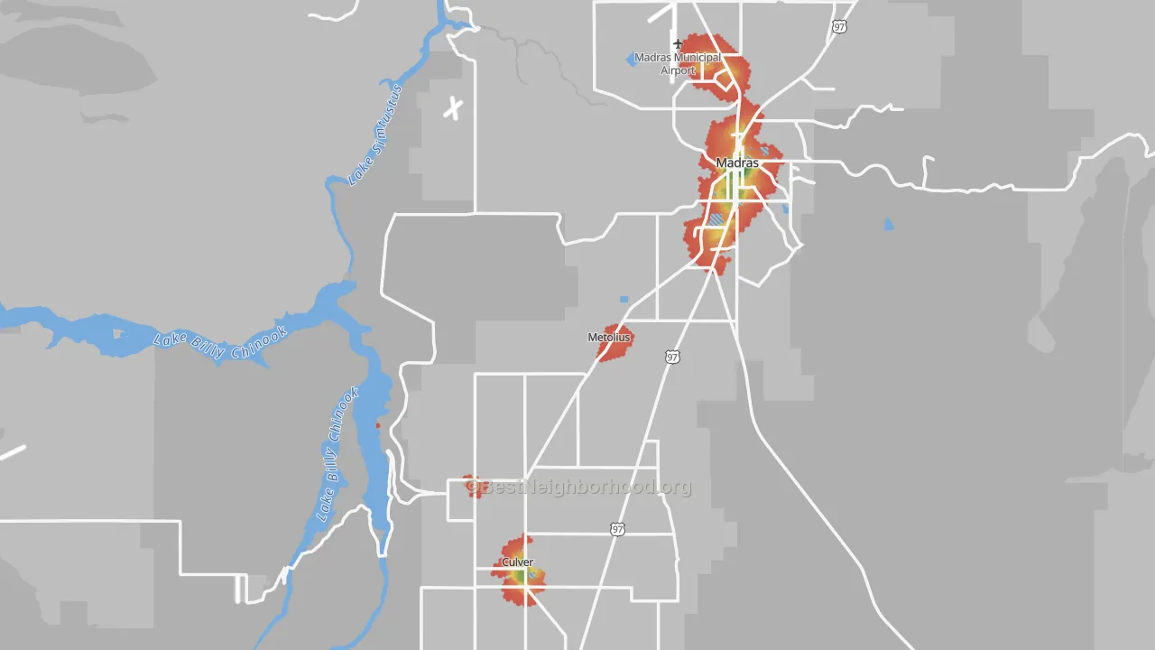 Walk Grade map of Jefferson County, OR, walkable areas in green and car-dependent areas in red