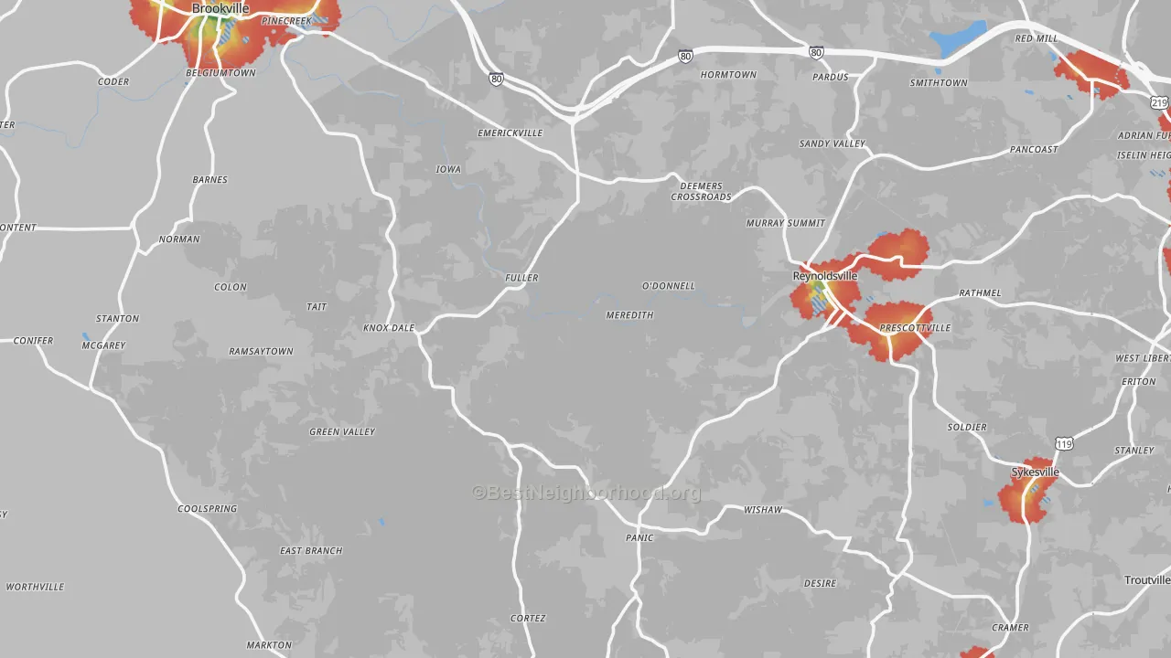 Walk Grade map of Jefferson County, PA, walkable areas in green and car-dependent areas in red