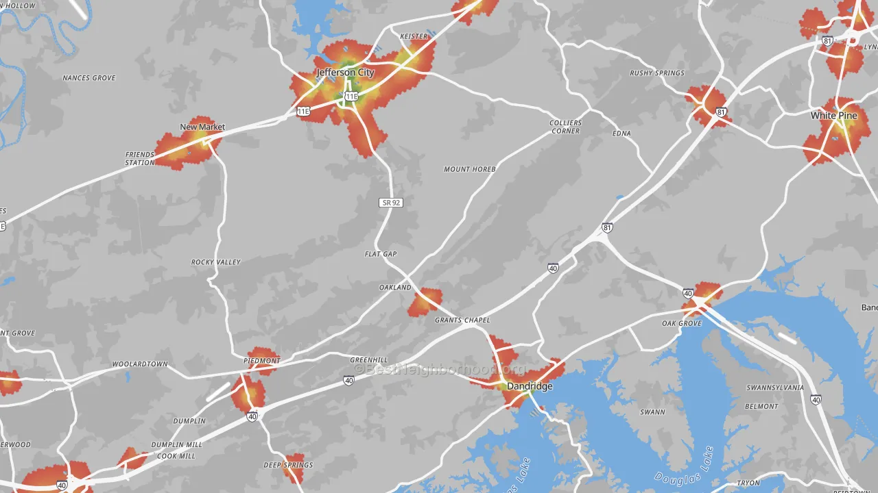 Walk Grade map of Jefferson County, TN, walkable areas in green and car-dependent areas in red