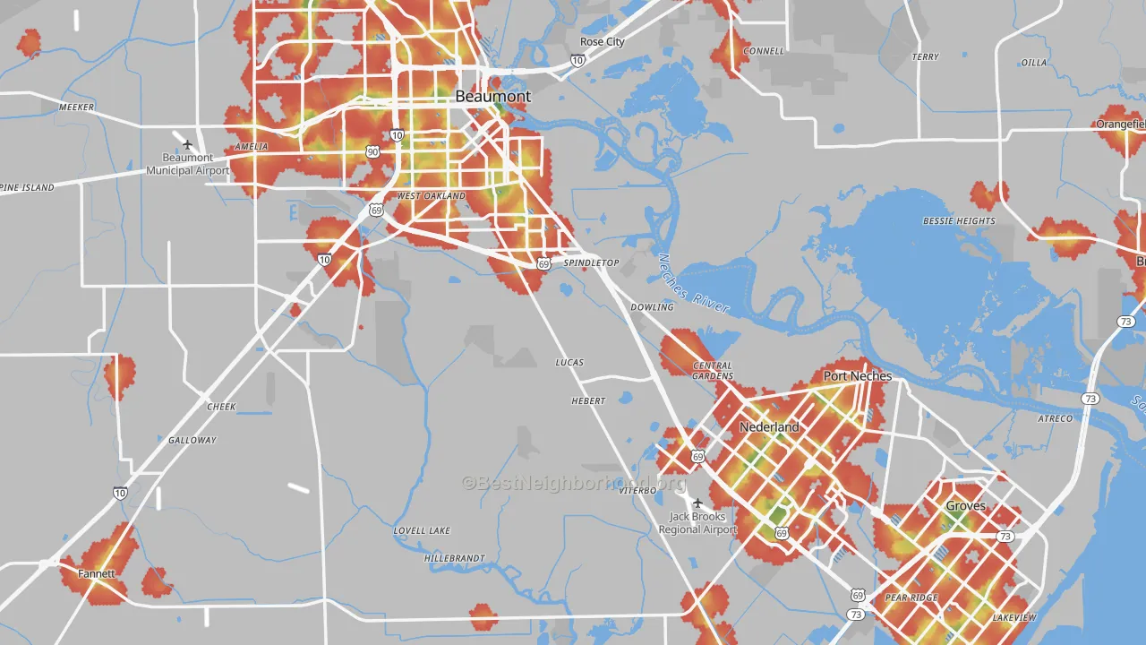 Walk Grade map of Jefferson County, TX, walkable areas in green and car-dependent areas in red