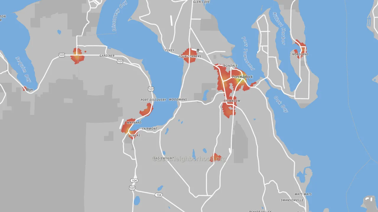 Walk Grade map of Jefferson County, WA, walkable areas in green and car-dependent areas in red