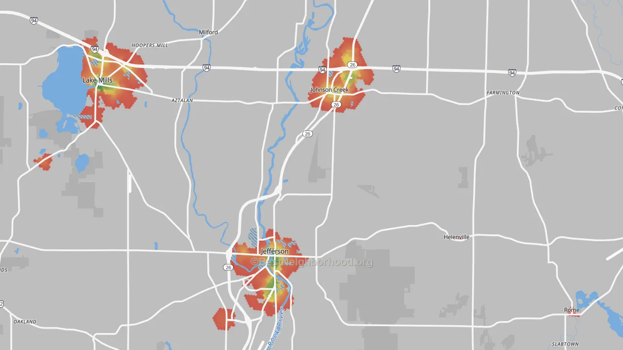 Walk Grade map of Jefferson County, WI, walkable areas in green and car-dependent areas in red