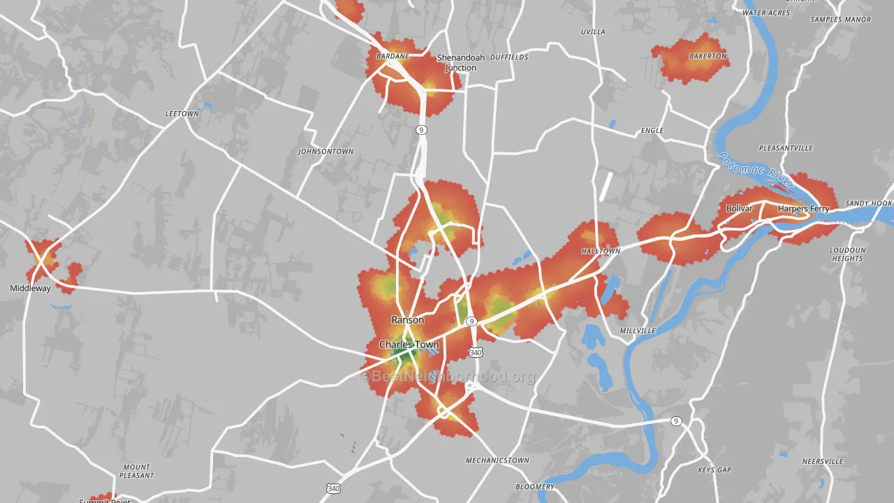 Walk Grade map of Jefferson County, WV, walkable areas in green and car-dependent areas in red