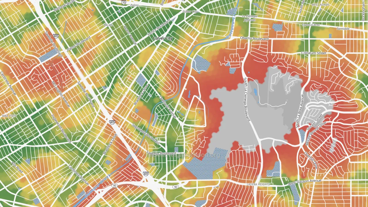 Walk Grade map of Jefferson, Culver City, CA, walkable areas in green and car-dependent areas in red