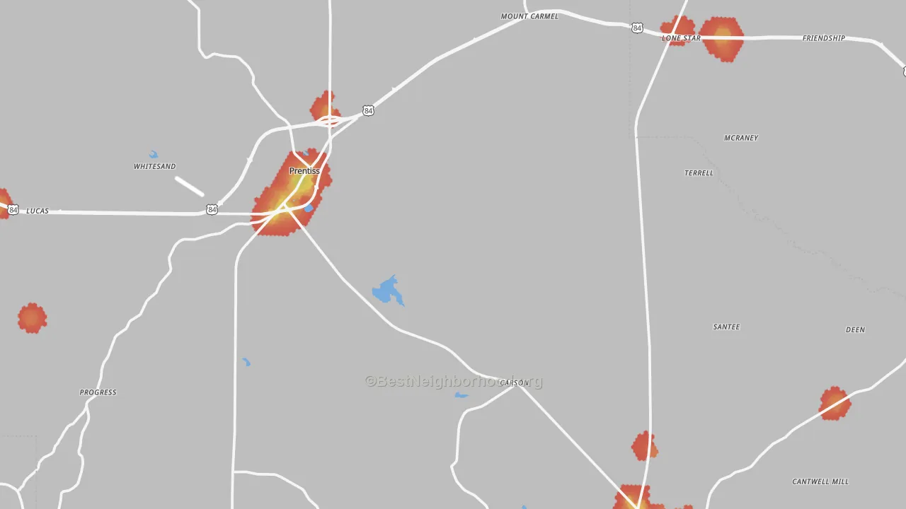 Walk Grade map of Jefferson Davis County, MS, walkable areas in green and car-dependent areas in red