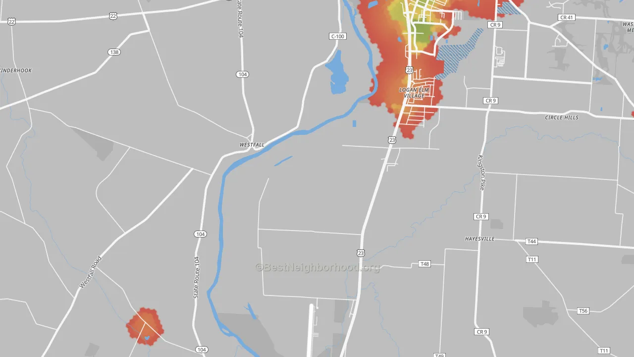 Walk Grade map of Jefferson Estates, OH, walkable areas in green and car-dependent areas in red