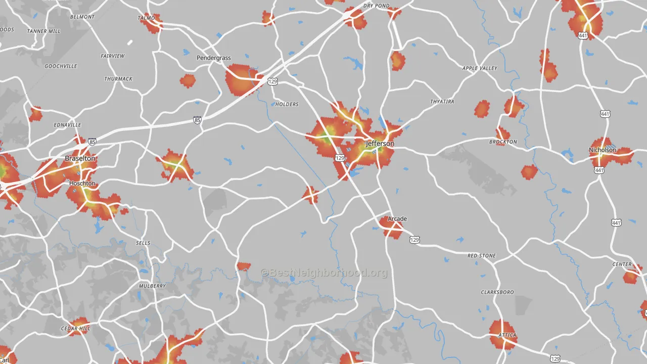 Walk Grade map of Jefferson, GA, walkable areas in green and car-dependent areas in red
