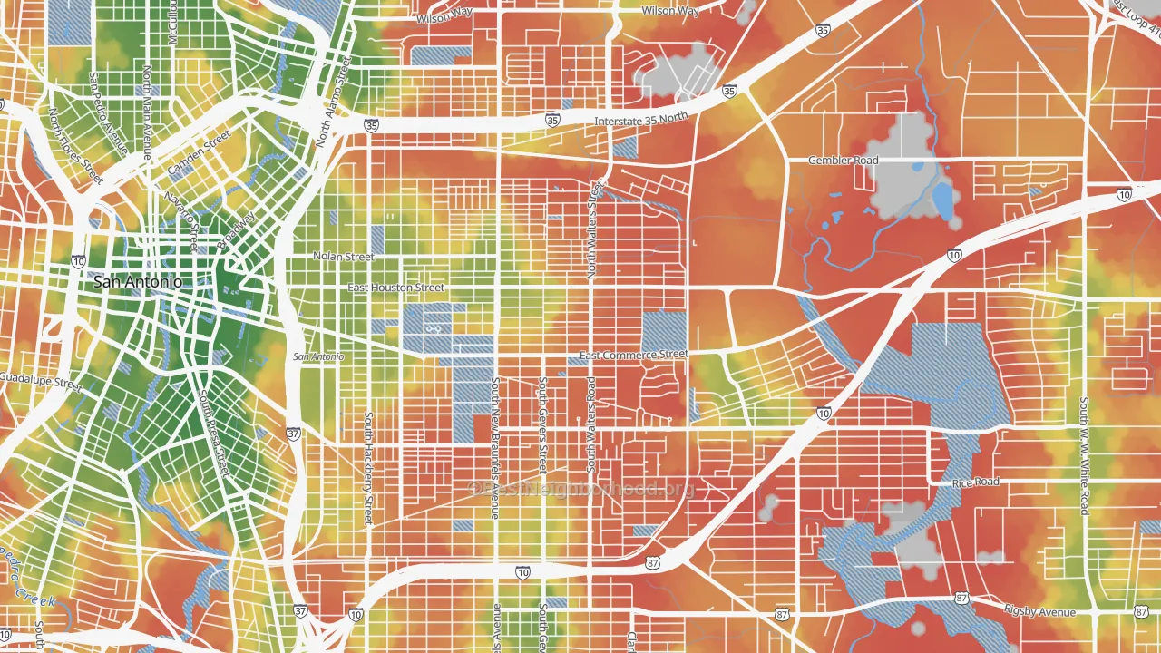 Walk Grade map of Jefferson Heights, San Antonio, TX, walkable areas in green and car-dependent areas in red