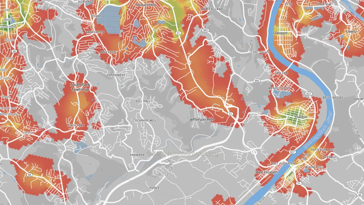Walk Grade map of Jefferson Hills, PA, walkable areas in green and car-dependent areas in red