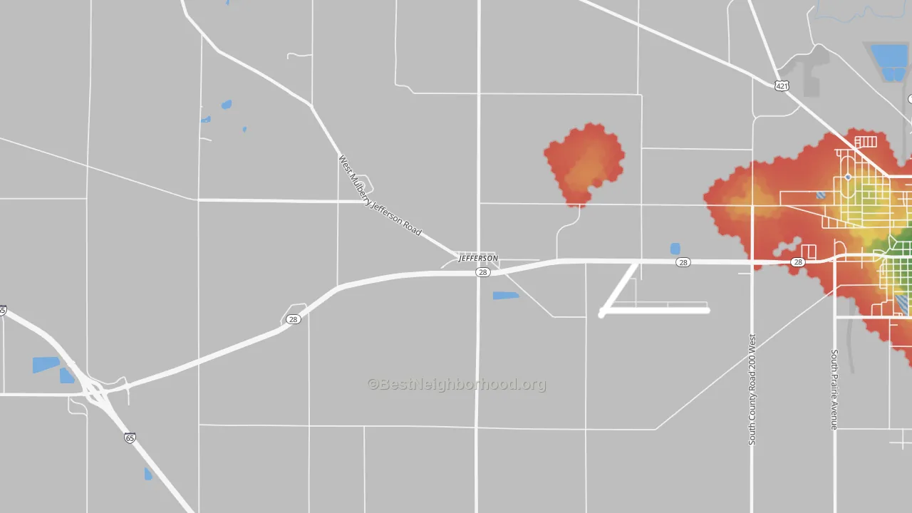 Walk Grade map of Jefferson, IN, walkable areas in green and car-dependent areas in red