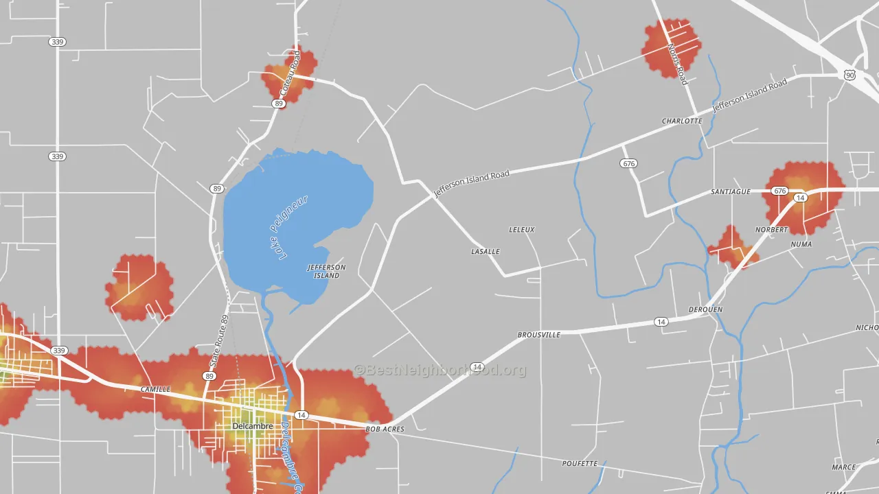 Walk Grade map of Jefferson Island, LA, walkable areas in green and car-dependent areas in red