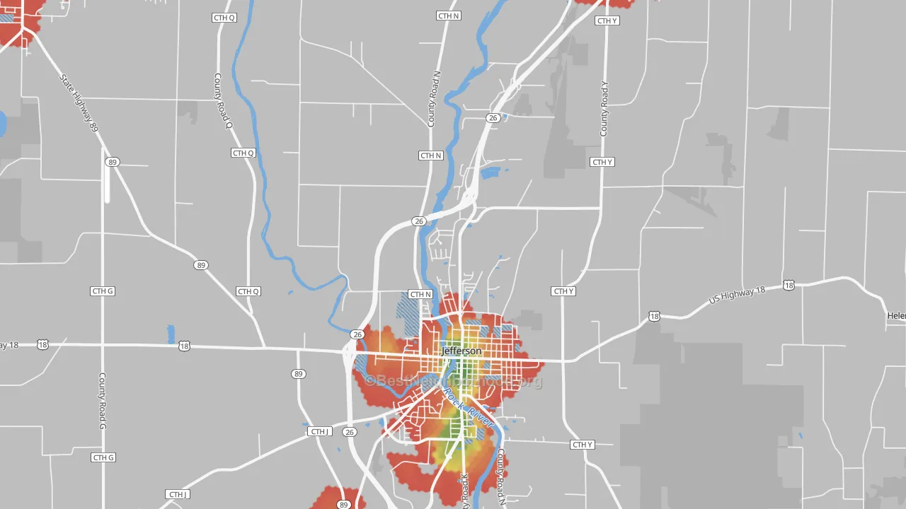 Walk Grade map of Jefferson Junction, WI, walkable areas in green and car-dependent areas in red