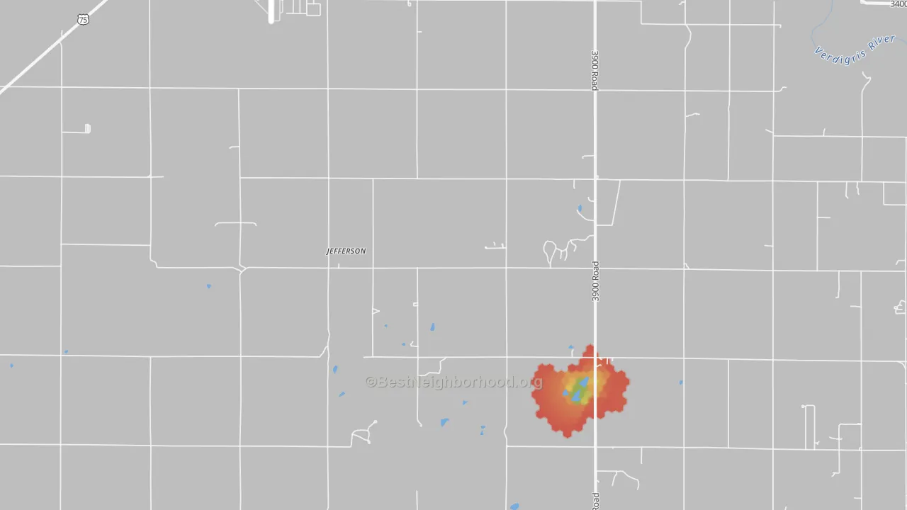 Walk Grade map of Jefferson, KS, walkable areas in green and car-dependent areas in red